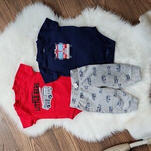 Firetruck pants and onesies, 6M